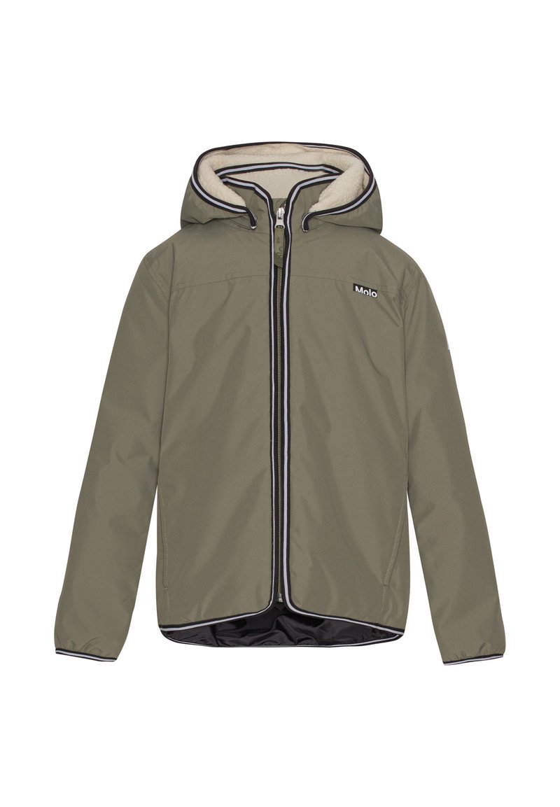 Giacca verde con cappuccio, chiusura a zip, fodera morbida e dettagli neri. Presenta una texture liscia e un design casual adatto a diverse occasioni.