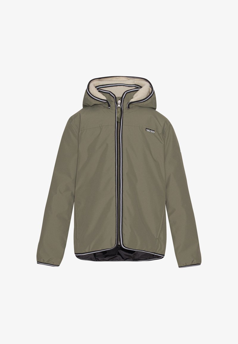 Giacca verde con cappuccio, chiusura a zip, fodera morbida e dettagli neri. Presenta una texture liscia e un design casual adatto a diverse occasioni.