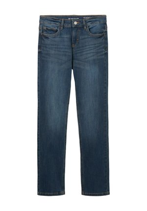Jean en denim bleu foncé avec une coupe régulière, cinq poches, léger délavage à l'avant et coutures contrastées. Ourlet propre aux chevilles.