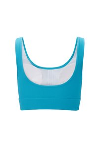 Bralet z ribami v svetlo modri barvi s širokimi naramnicami, zaobljenim ovratnikom in kontrastno belo notranjo podlogo. Ima gladko teksturo.