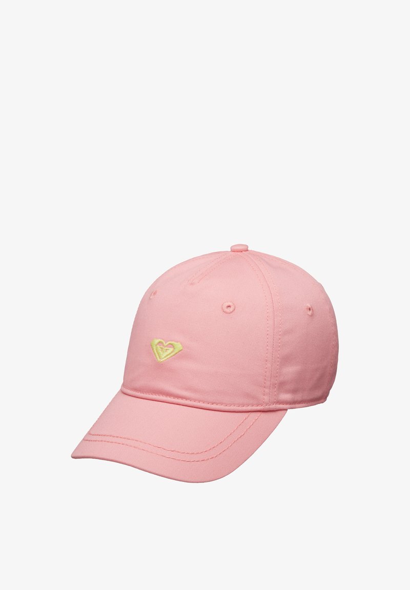 Casquette de baseball rose en coton avec une visière courbée, ornée d'un petit logo de cœur jaune brodé à l'avant.