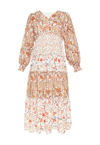 Abito midi floreale con maniche lunghe a sbuffo, caratterizzato da una base bianca adornata con motivi floreali arancioni, rossi e blu e un orlo a balze.