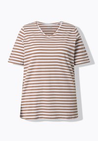 Kortærmet T-shirt med V-hals med hvide og lysebrune vandrette striber, vist fladt på en hvid baggrund.