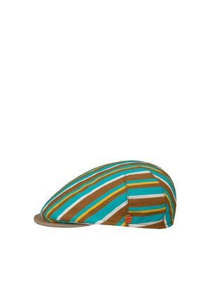 Flat cap with diagonal stripes in teal, brown, white, and yellow, featuring a small round red and orange logo on the side.