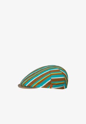 Flat cap with diagonal stripes in teal, brown, white, and yellow, featuring a small round red and orange logo on the side.