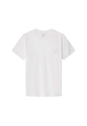 Hvid kortærmet t-shirt lavet af bomuld, med en rund halsudskæring og en brystlomme. Enkel, ensfarvet uden mønstre eller udsmykninger.