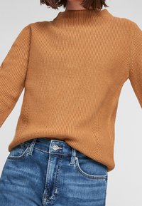 Gestreepte, bruine sweater met een hoge nek en lange mouwen, gecombineerd met blauwe denim jeans met knoop- en zakdetails.