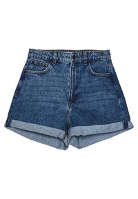 Pantalones cortos de mezclilla azul con puños enrollados, cierre de botón delantero, cremallera y bolsillos delanteros y traseros.