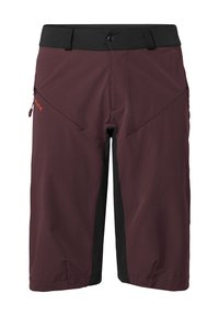 Pantaloni corti bordeaux con pannelli laterali neri, realizzati in materiale leggero. Presentano tasche con zip e una chiusura a bottone in vita.