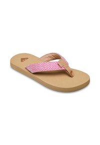 Japonki z różowym i białym paskiem we wzór jodełki, jasnobrązową wkładką i gumową podeszwą. Pasek ma fakturę materiału i subtelne logo.