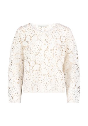 Weißer Spitzenpullover mit floralen und geometrischen Durchbruchmustern, Rundhalsausschnitt und langen Ärmeln, aus einem strukturierten, leichten Stoff.