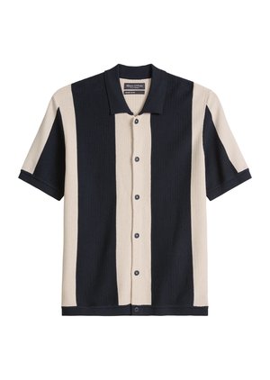 Πλεκτό πουκάμισο με κοντά μανίκια και κουμπιά, με κάθετες μαύρες και μπεζ ρίγες και μαύρο γιακά.