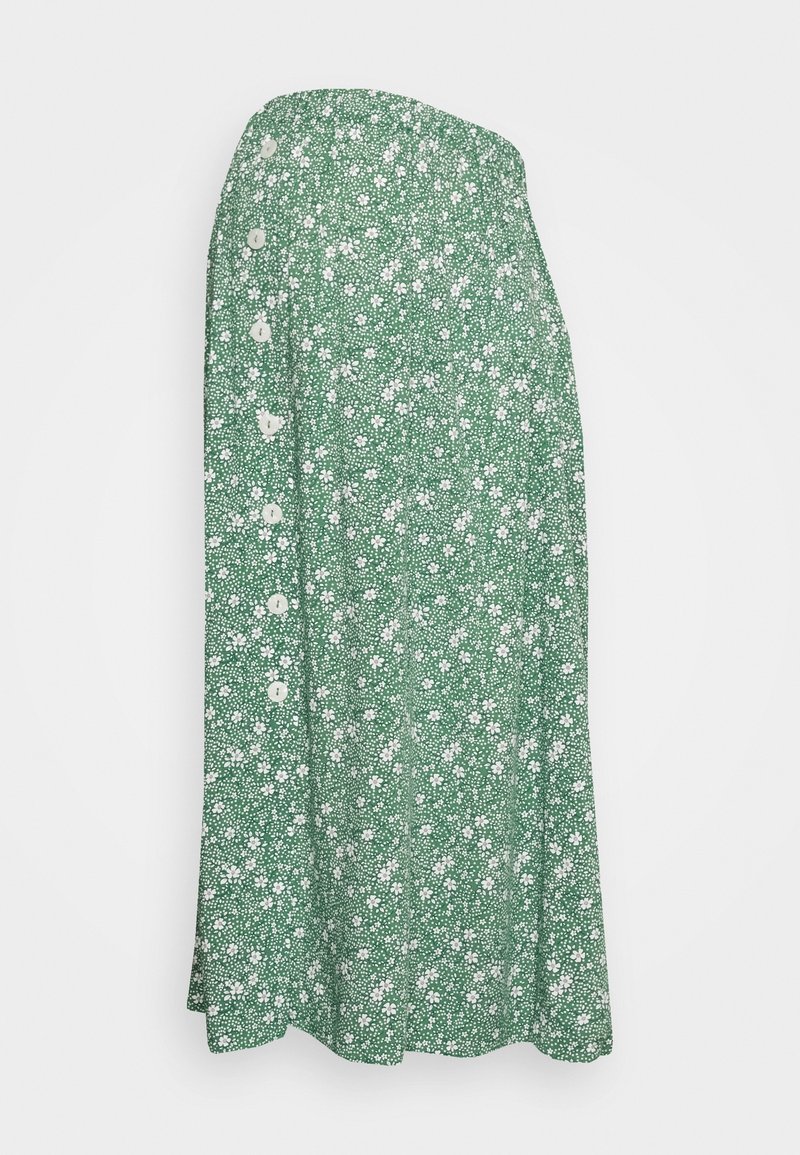Groene rok met een bloemenpatroon, voorzien van een gestikte taille en witte knopen aan de zijkant. De stof lijkt lichtgewicht en gestructureerd.