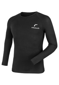 Schwarzes langärmliges Sportshirt aus dehnbarem Material, mit Rundhalsausschnitt und einem weißen Reusch-Logo auf der Brust.