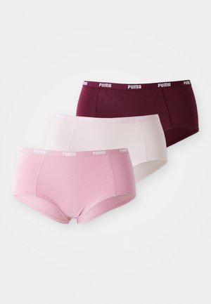Trois paires de boxers pour femmes en rose, rose clair et bordeaux, dotées d'un tissu doux et de bandes élastiques avec le logo.