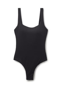 Maillot de bain noir une pièce avec un décolleté en scoop, des bretelles larges et des ouvertures de jambe taille haute. Fabriqué en tissu lisse et extensible.