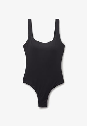 Costume da bagno intero nero con scollatura a barca, spalline larghe e aperture di gamba alte. Realizzato in un tessuto morbido e elastico.