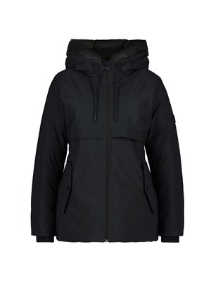 Zwarte pufferjacket met een ritssluiting, verstelbare capuchon, twee voorkruiden en geribde manchetten. Vlotte textuur, duurzaam materiaal.