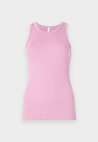 Rosa Tanktop mit figurbetontem Design, runder Ausschnitt und gerippter Textur. Keine Muster oder Akzente vorhanden.
