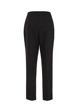 Pantaloni negri, croiți pe linii slim, cu o textură fină, buzunare la spate și față plată cu pliuri pe lungimea picioarelor.