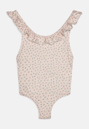 Én-piece badedragt i lyserødt stof med blomsterprint. Har flæse-stropper og en tætsiddende silhuet. Blød tekstur for komfort.