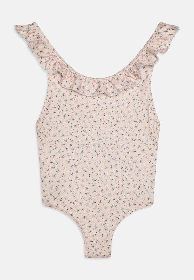 Μοντέρνα ολόσωμη μαγιό σε ανοιχτό ροζ ύφασμα με λουλουδάτο σχέδιο. Διαθέτει ριχτές τιράντες και εφαρμοστή σιλουέτα. Μαλακή υφή για άνεση.