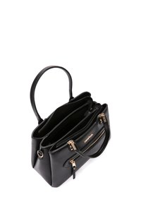 Borsa a tracolla in pelle nera con un design strutturato, numerosi scomparti con zip e dettagli in metallo color oro. Inclusa una tracolla regolabile.