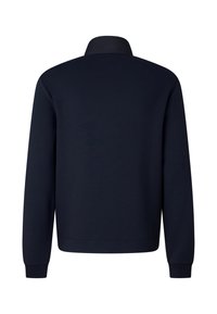 Navy blue pullover with a high collar, long sleeves, ribbed cuffs, and a smooth texture. Back view shows a simple, unadorned design.