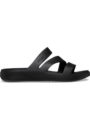 Black slip-on sandal with three straps and a contoured sole, designed for casual wear, featuring a slight heel and perforated outsole.