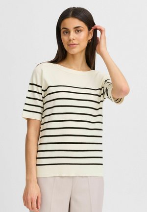 Cream short-sleeve sweater with black horizontal stripes, ribbed neckline and hem. The fabric appears smooth and slightly stretchy.