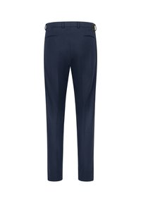Navy trousers with a tailored fit, featuring a smooth texture, two back pockets, and subtle pleats for structure.
