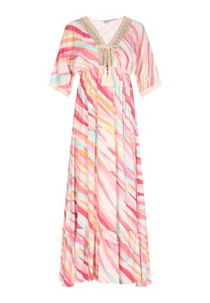 Maxi kleita ar īsām piedurknēm, kurai ir daudzkrāsaina joslu raksts rozā, gaiši zilā un dzeltenā krāsā. Rotātā apkakle ar pušķiem.