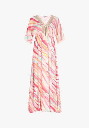 Maxikleid mit kurzen Ärmeln, das ein mehrfarbiges Streifenmuster in Rosa, Hellblau und Gelb aufweist. Verzierte Ausschnitt mit Quasten-Details.