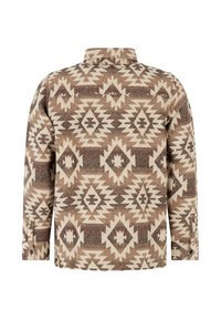 Bruine en beige lange mouwen shirt met geometrische ruit- en zigzagpatronen, met knoopmanchetten en een klassieke kraag, getoond vanuit de achterkant.