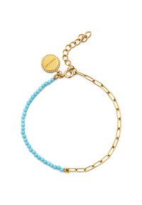 Bracelet en or avec des perles en turquoise et un design en chaîne, accompagné d'un charm rond affichant le nom de la marque.
