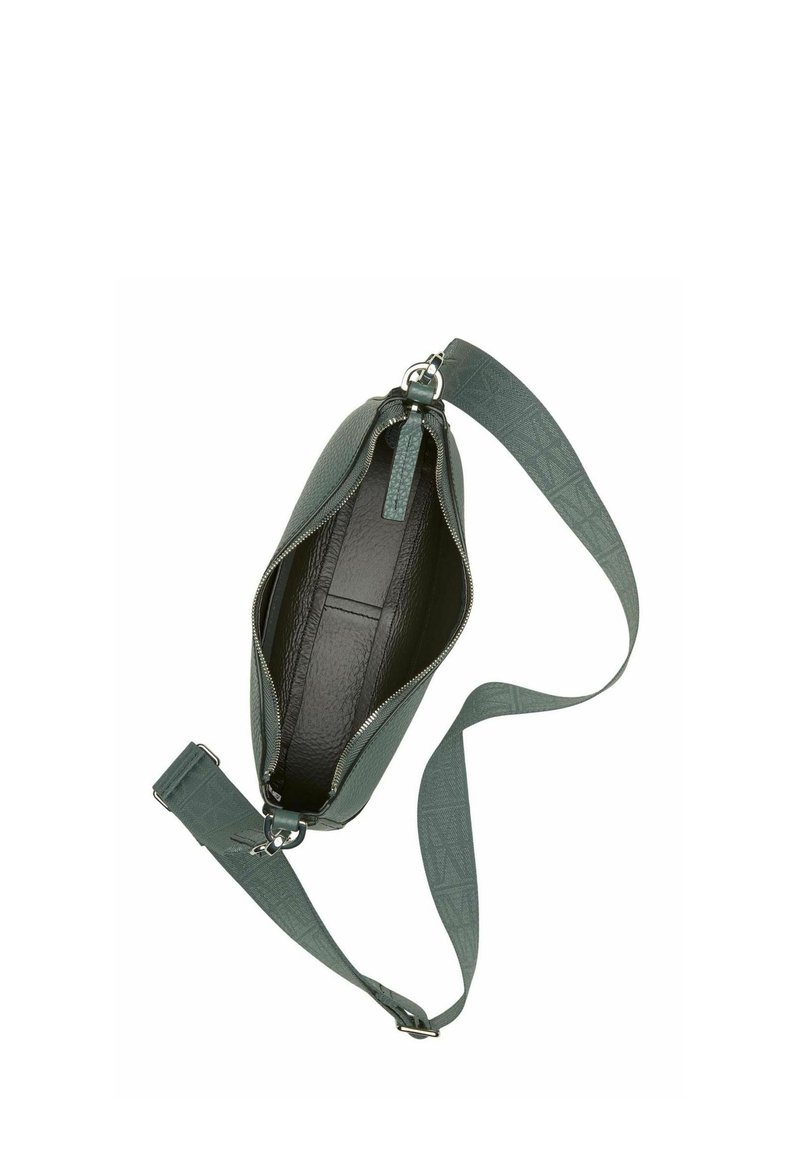 Grüne Lederhandtasche mit glatter Oberfläche, Reißverschlussverschluss und verstellbarem Riemen. Das Innenfutter verfügt über eine Stecktasche und flaches Futter.