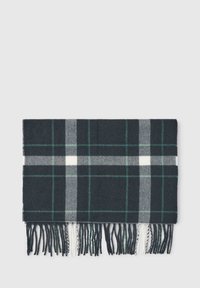 Sciarpa in lana tessuta di colore grigio scuro con motivo a quadri in verde, bianco e grigio. Presenta bordi frangiati per un tocco di texture in più.