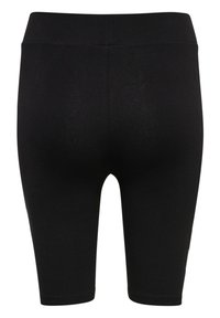 Zwarte legging tot halverwege de dij met hoge tailleband, naadloos ontwerp en aansluitend silhouet.