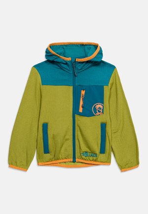 Kinder-Sweatjacke mit Reißverschluss und Kapuze in Grün und Blaugrün mit orangefarbenem Rand, Fronttaschen und einem kleinen Cartoon-Logo auf der Brusttasche.