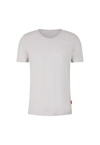 Lichtgrijs T-shirt met korte mouwen, gemaakt van zachte katoen, met een ronde hals en een klein rood label aan de linkerzijde. Soepele textuur.