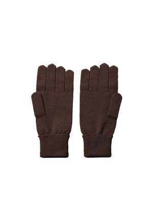 Pair of brown knitted gloves with ribbed cuffs, shown flat with fingers extended against a white background.