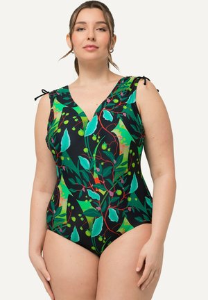 Zwart eendelig badpak met een V-hals, voorzien van een levendige bladeren- en bessenprint in groen, rood en blauw. Verstelbare schouderbandjes.