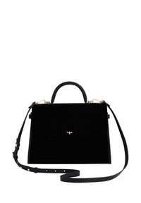 Black velvet handbag with a structured design, gold hardware accent, detachable shoulder strap, and top handle. Smooth texture.