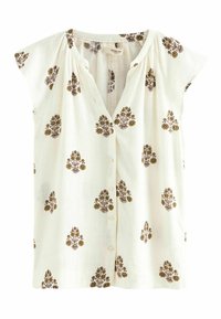 Biały materiałowy top z krótkimi rękawami typu cap, ozdobiony brązowymi wzorami kwiatowymi i zapinany na guziki z przodu. Miękka faktura z luźnym krojem.