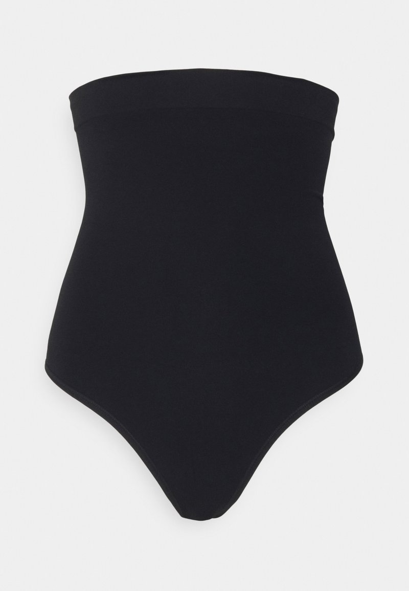 Augsta josta melna bodijs, kas izgatavots no gludas auduma. Tam ir bezšuvju dizains un griezums, kas seko kontūrveida formai.