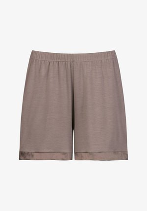 Grijze shorts van zacht materiaal, met een elastische tailleband en satijnen zoomaccenten. Rechte snit met een gladde textuur en zonder patronen.
