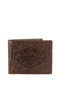 Portafoglio in pelle marrone con logo e design in rilievo. Stile compatto a due pieghe con una texture liscia e cuciture visibili.