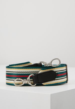 Cinturino in tessuto intrecciato verde, crema e nero con strisce rosse e dorate, dotato di moschettoni in metallo e dettagli in pelle.