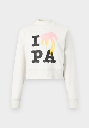 Weißes langärmeliges Cropped-Sweatshirt mit schwarzem "I PA"-Text und einer pinken und gelben Palme, die den Buchstaben "L" im Wort "PALM" ersetzt.