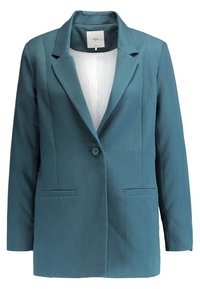 Blazer teal de tejido suave, con un solo botón, solapas con muescas y dos bolsillos frontales con un forro interior de textura lisa.